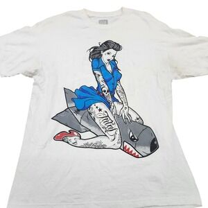 Mens Large White Tattoo Pinup Girl Bomb Graphic T-Shirt Cotton